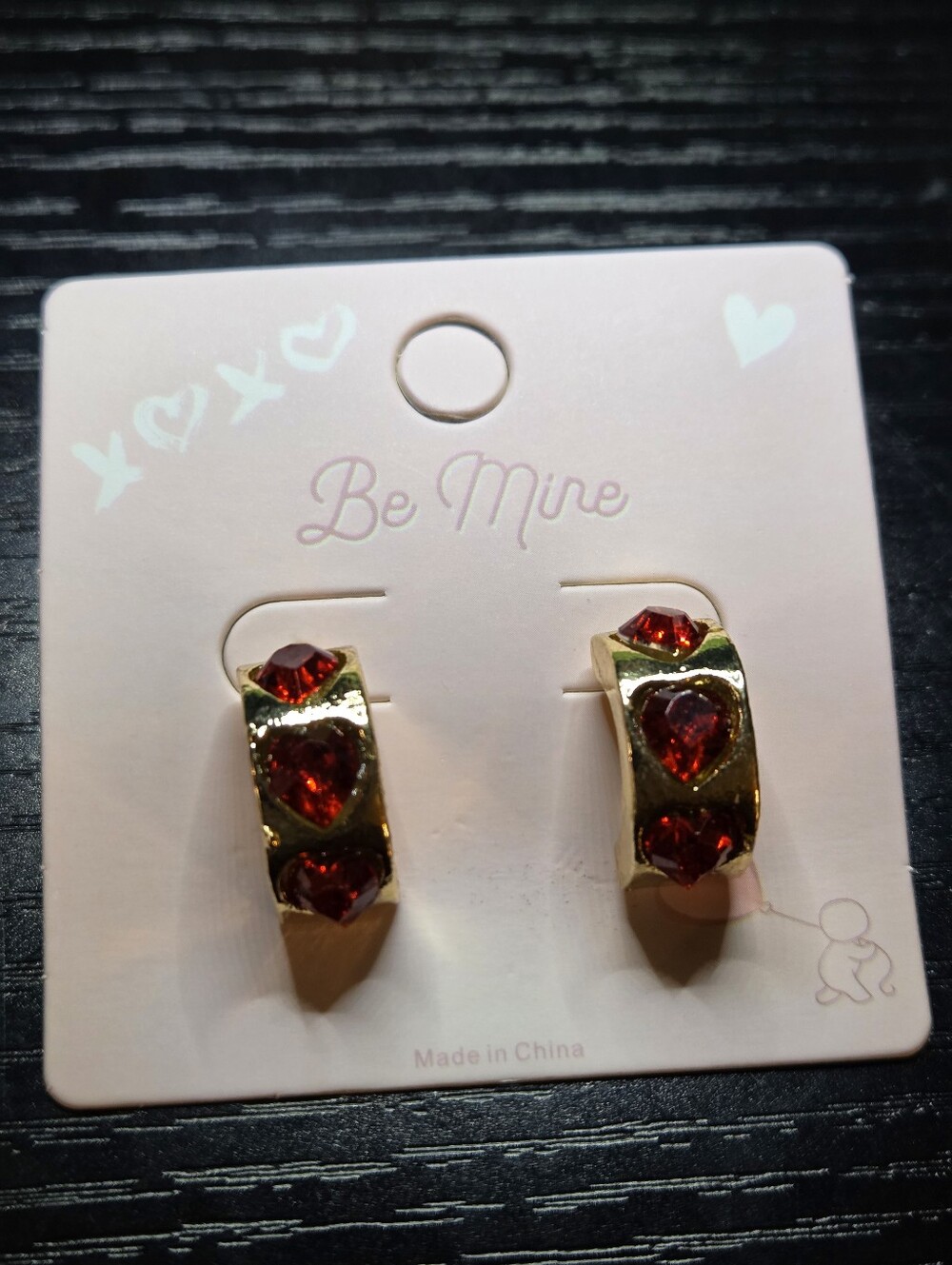 Gold-Tone Earrings with Red Heart Gems